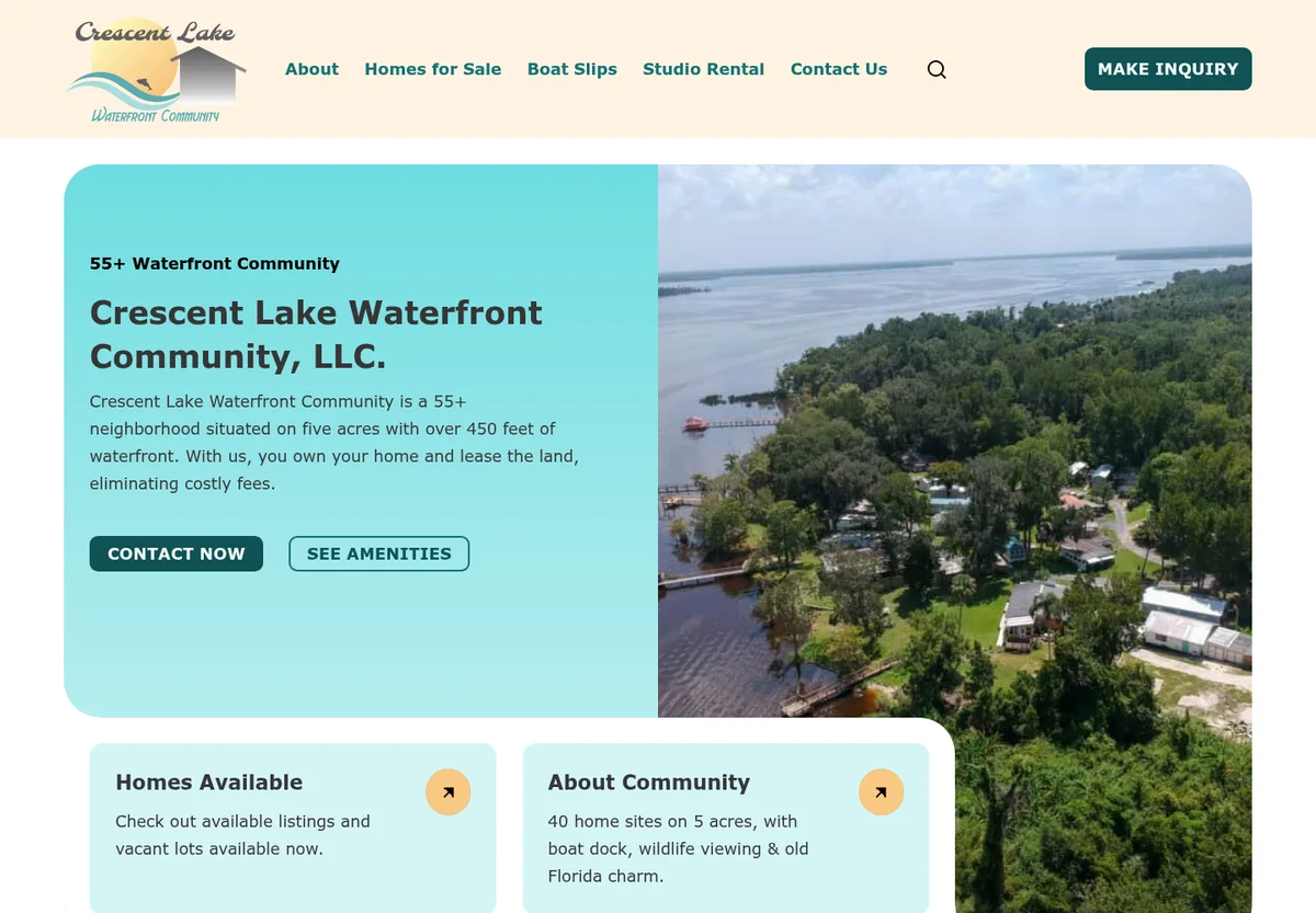 Screenshot of the Crescent Lake Waterfront Community homepage, showing its waterfront setting and community information.